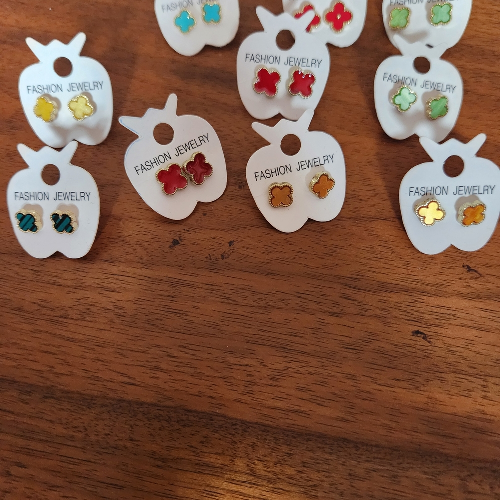 Colorful Clover Stud Earring Assortment - Gold Trim